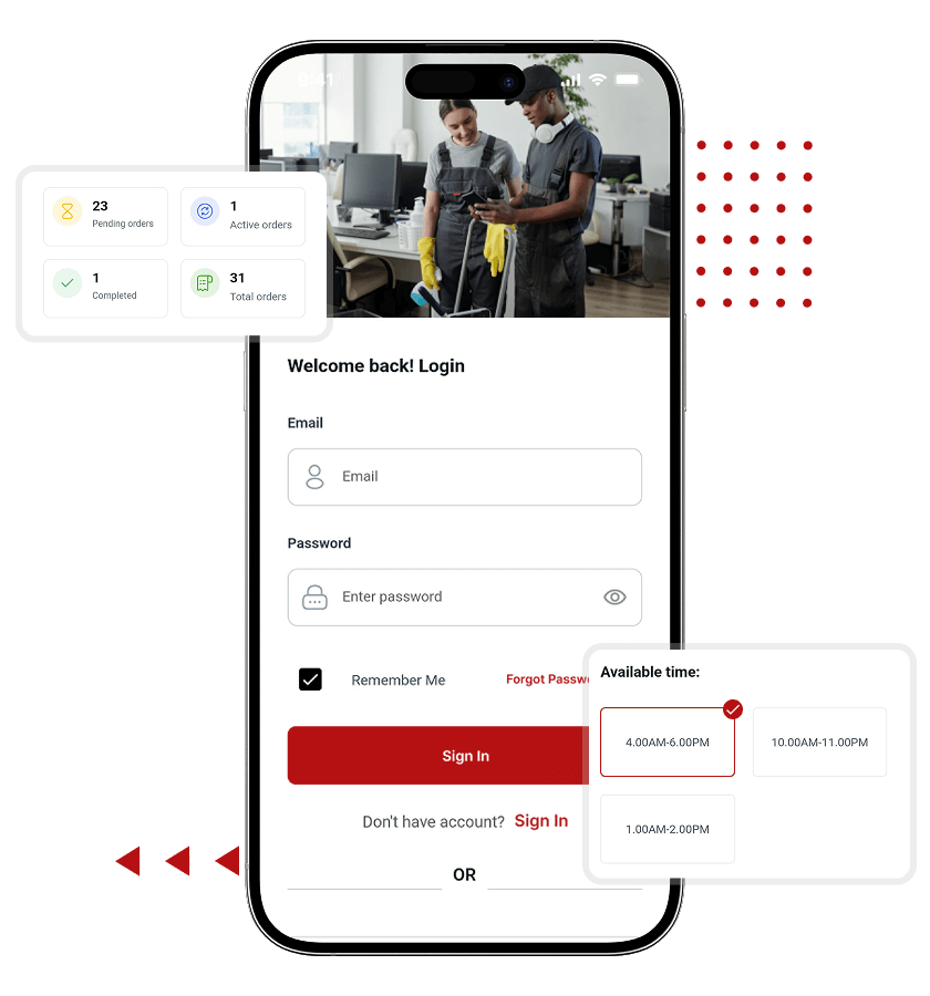 Mr Right clone swift login, select time slot, and service dashboard screen