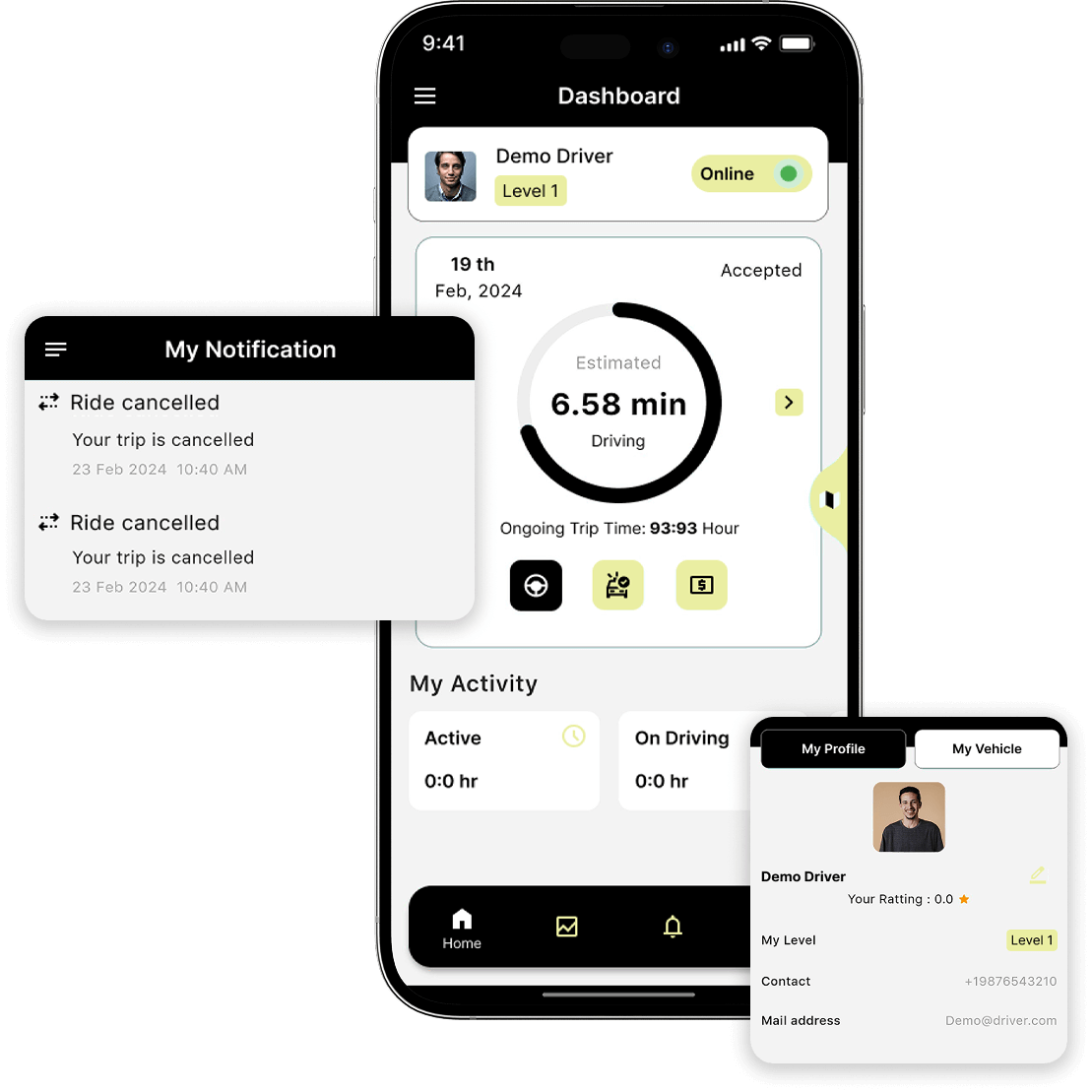 Ola clone driver profile, dashboard, and notifications screen