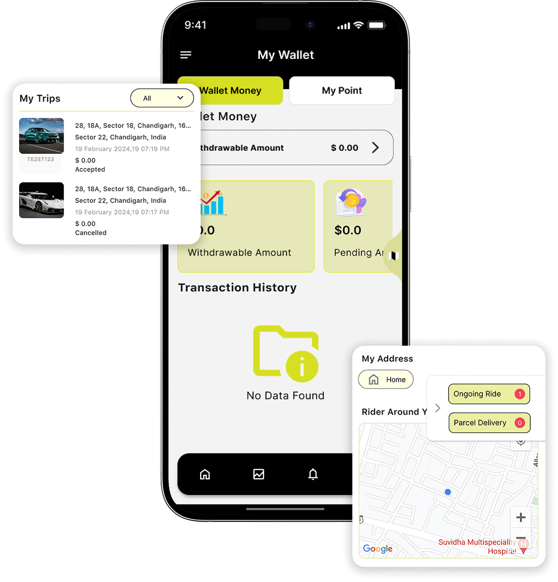 Ola clone in-app wallet, map view, and trip records screen