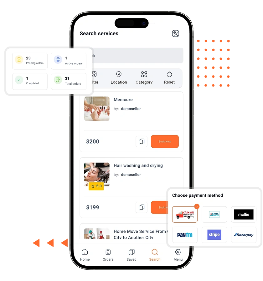 On-demand service marketplace script listed services overview and payment options features