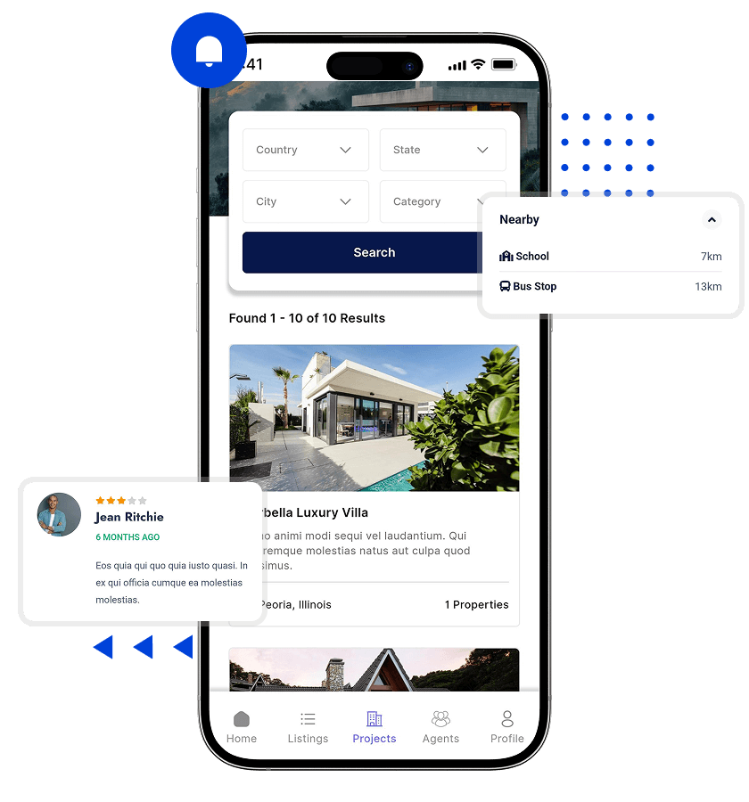 Property listing script search filters, listed properties for sale, agents with ratings features