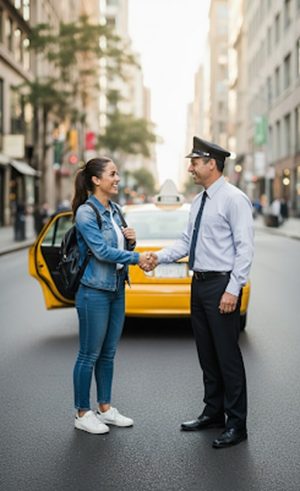 Rider and taxi driver shaking hands after fare negotiation