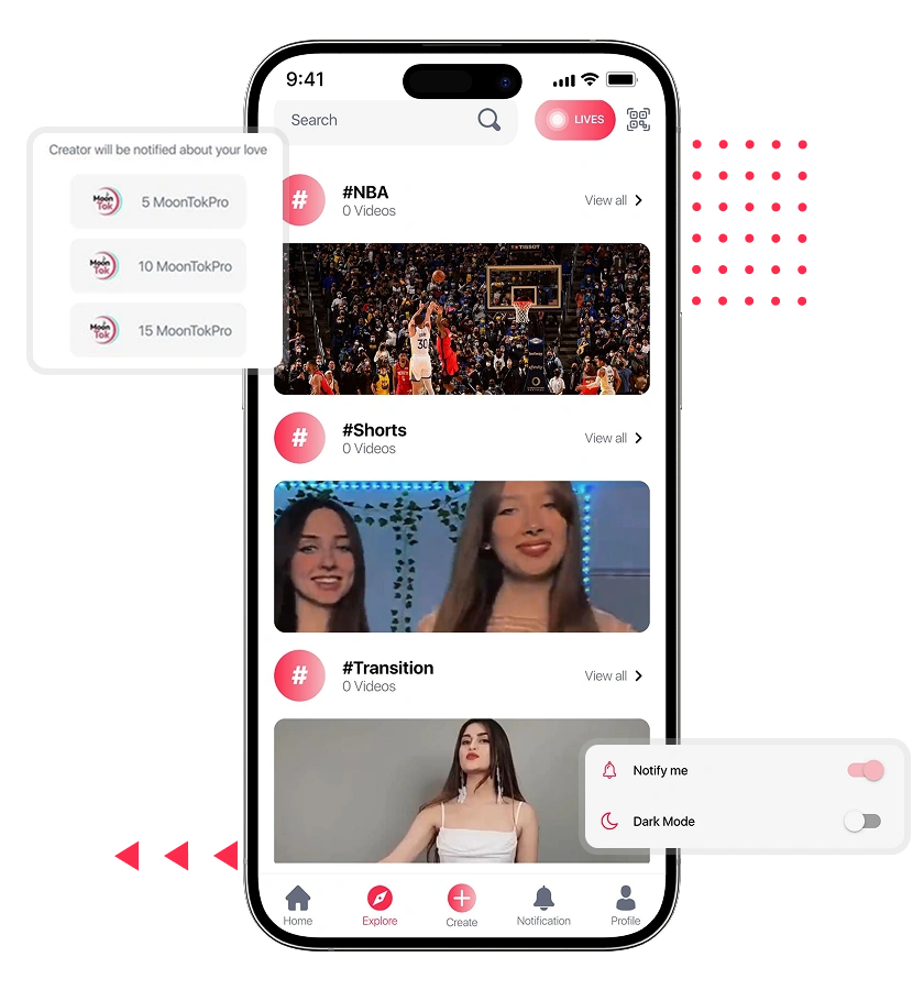 Short video app script popular trends, send gifts to creators, dark mode features