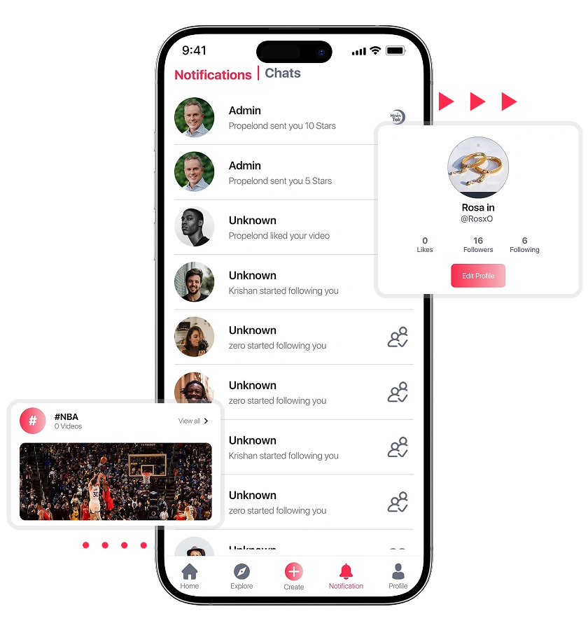 Short video app script real-time notifications, creator profile overview and trending hashtags features