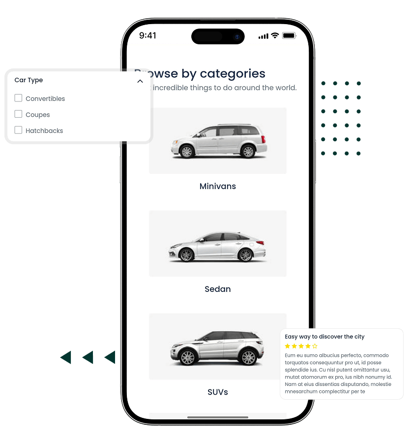 Turo clone browse by categories, select type, and review features