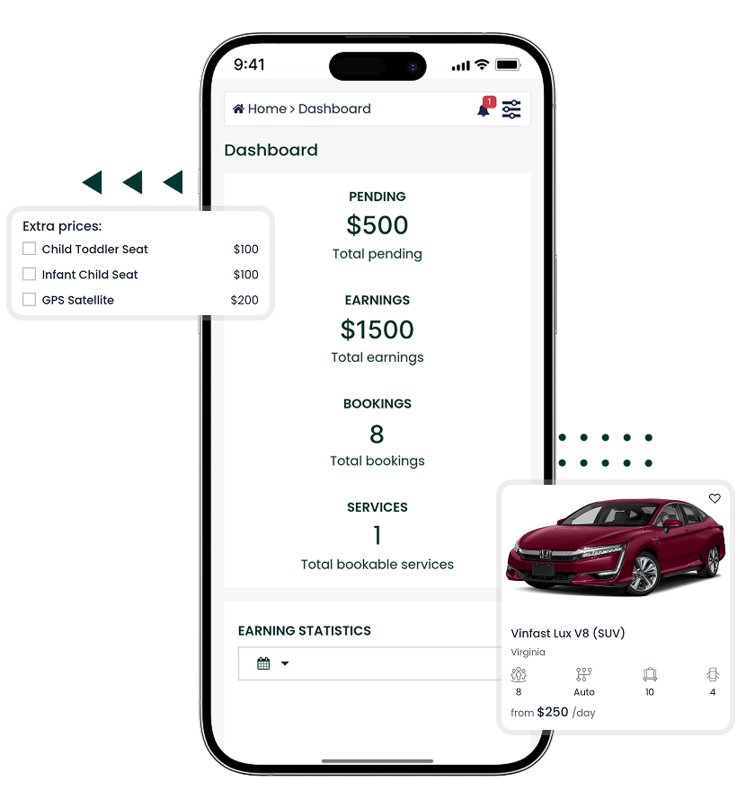 Turo clone dashboard, car listing overview and add-on booking features