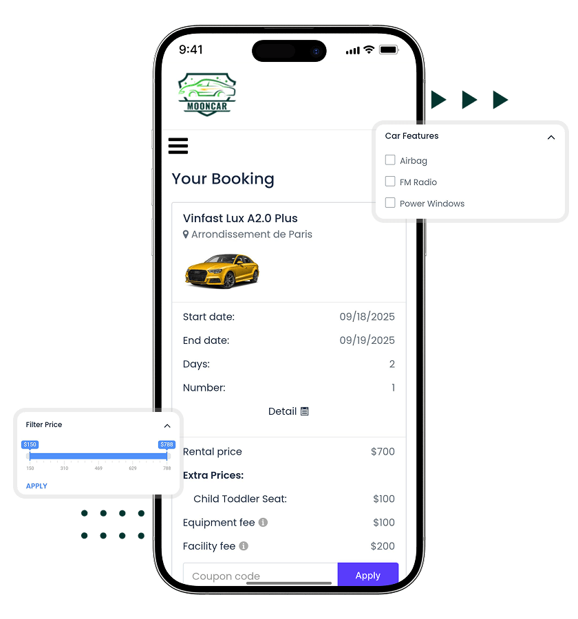Turo clone invoice and booking details, search filters, and car specification features