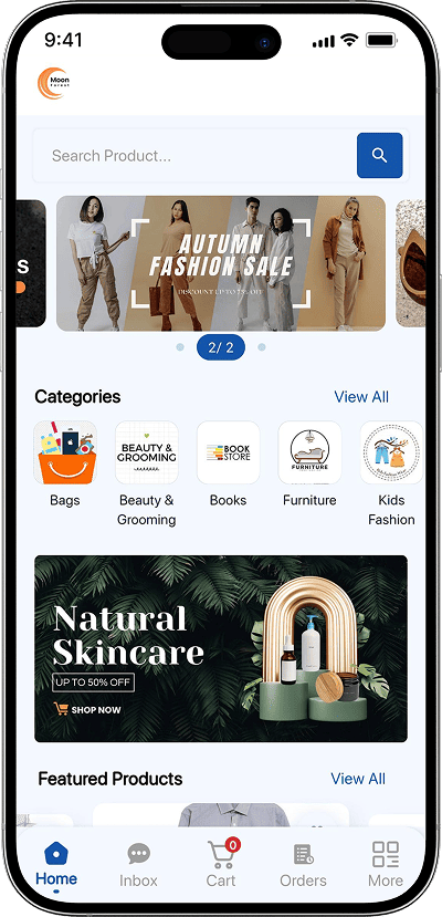 ecommerce script homepage with products search navbar