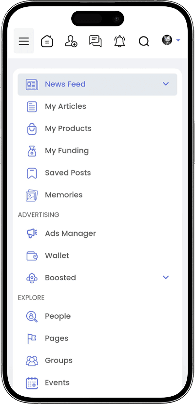 social media script menu with profile settings, advertising and explore options