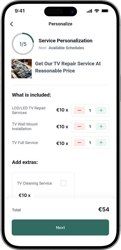 Helpling clone personalize services screen