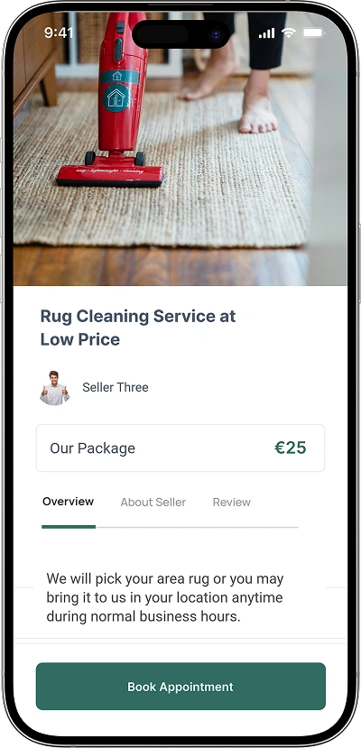 Helpling clone rug cleaning service description with price screen