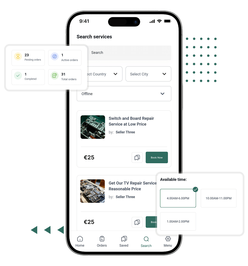Helpling clone search services, selecting time slot, and service provider dashboard features
