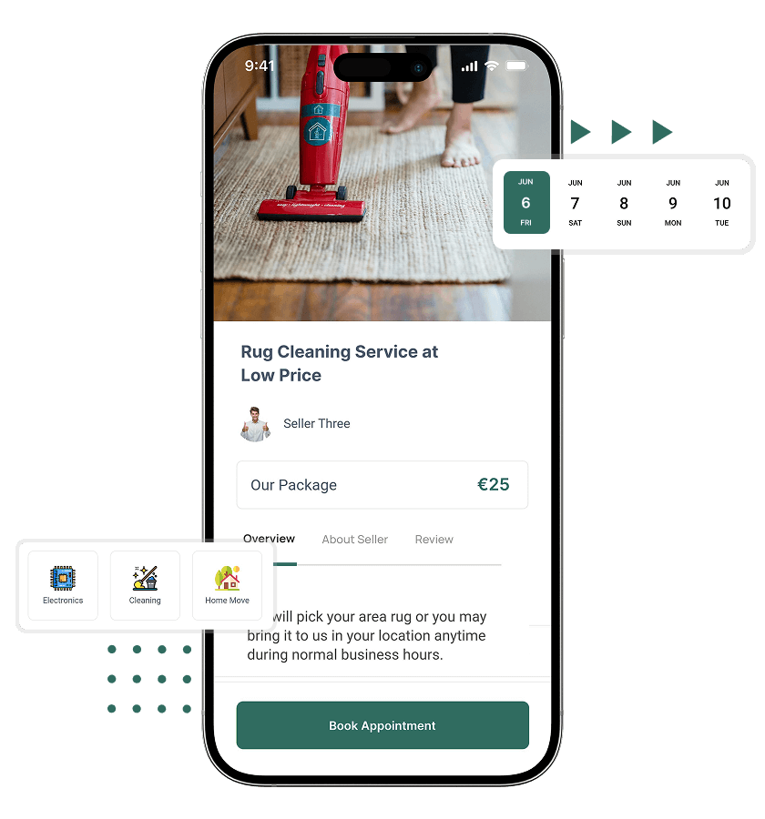 Helpling clone service category, service listing details, and easy scheduling features