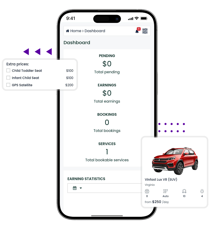Hertz clone car listing preview, detailed dashboard and add-on selection features