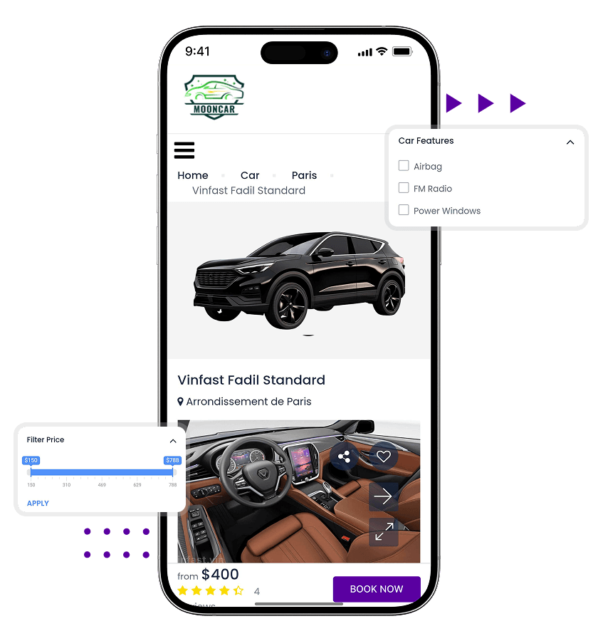 Hertz clone price filters, car feature filters, and car listings overview features