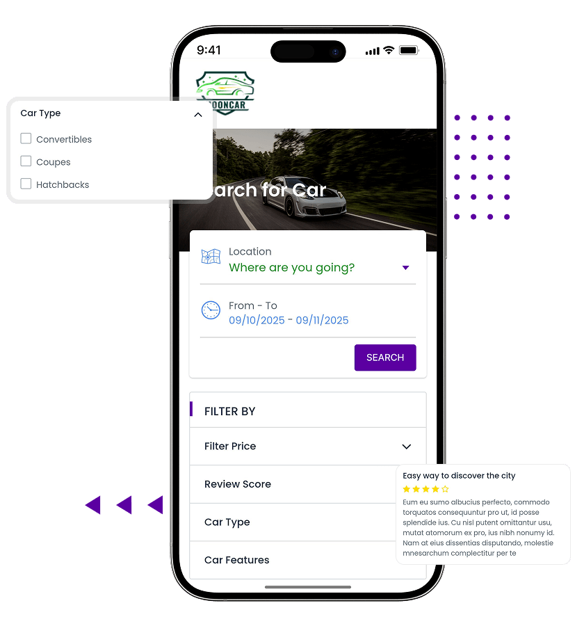 Hertz clone search filters, car types and review features