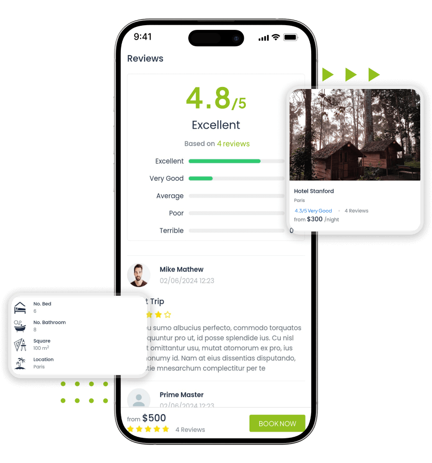 Homestay clone guest ratings, property images, and details overview features