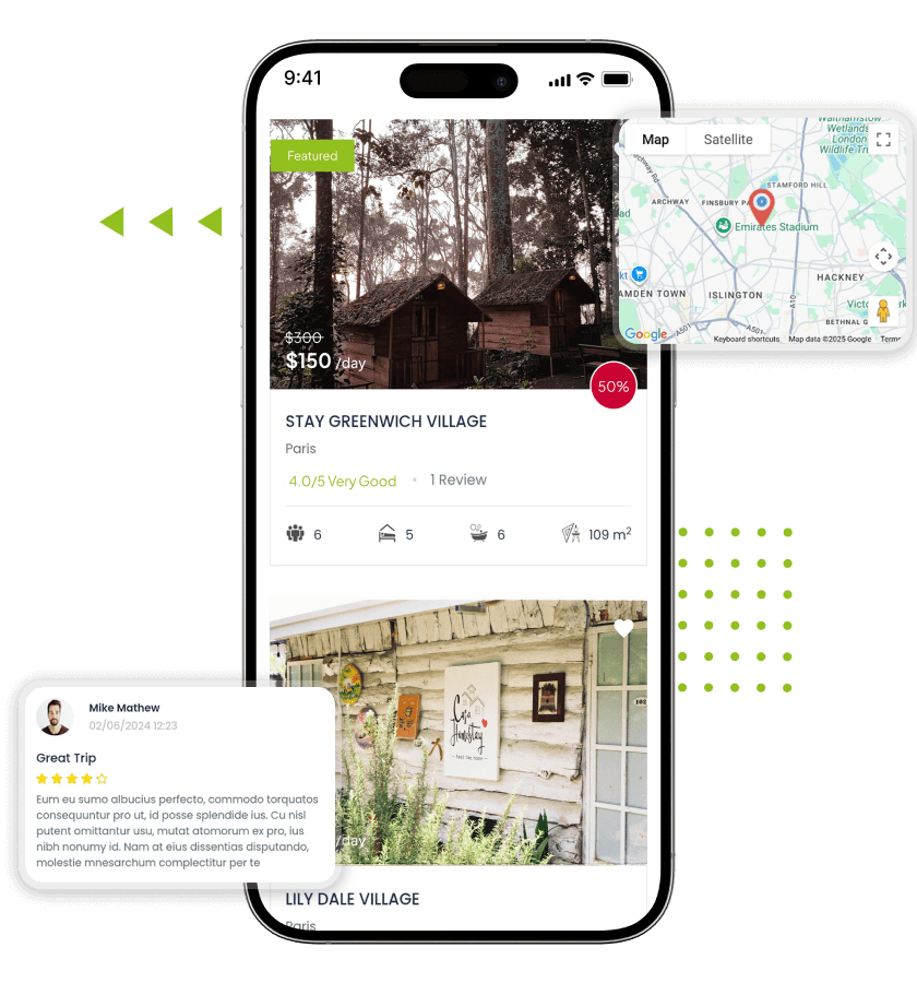 Homestay clone listing overview with details, review, and map view features