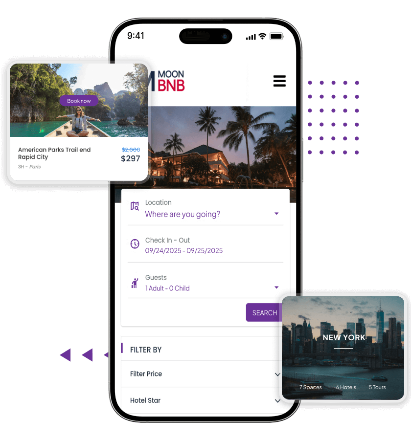 HotelTonight clone easy search with filters, search location specific hotels, and experience booking features