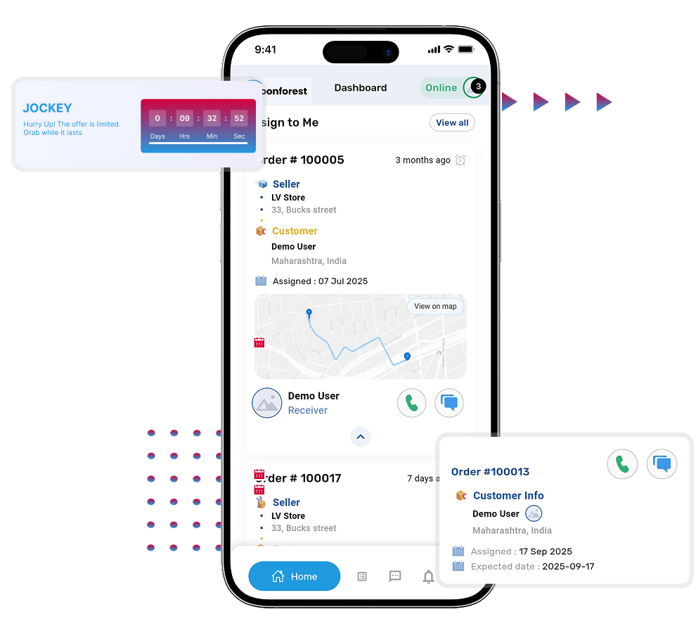 Lazada clone driver dashboard with customer details and in-app navigation screen