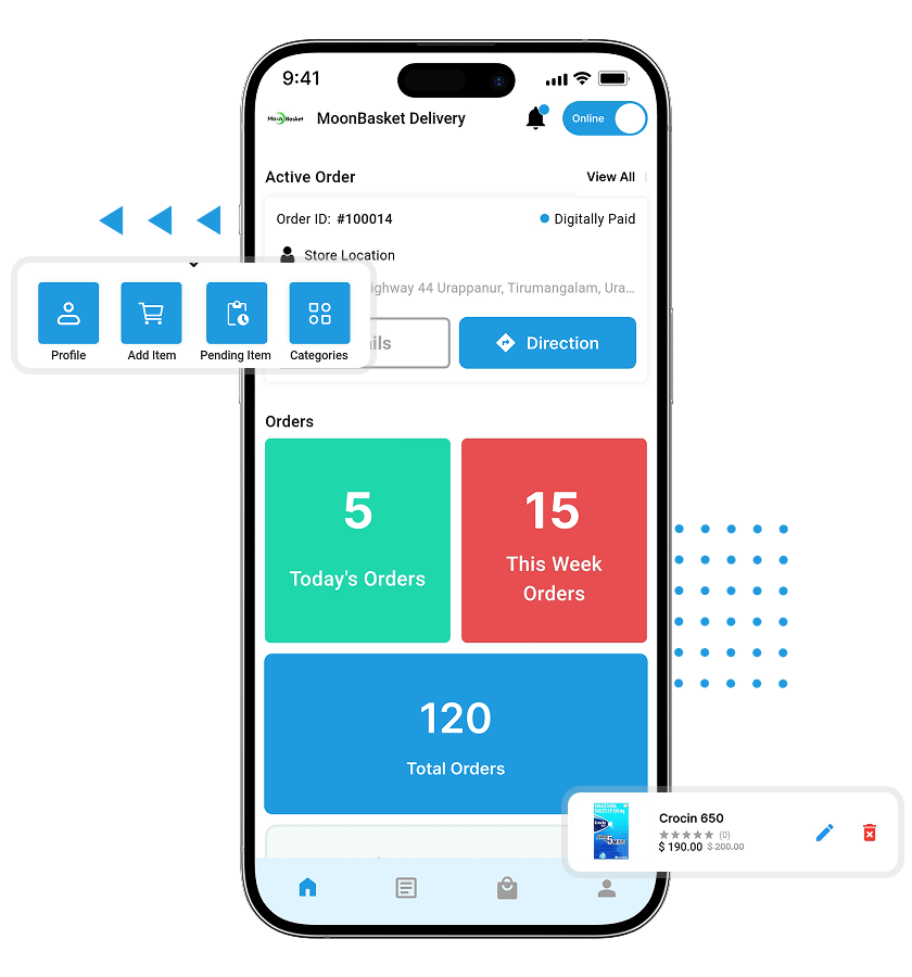 Pharmacy delivery app script delivery dashboard with order statistics feature
