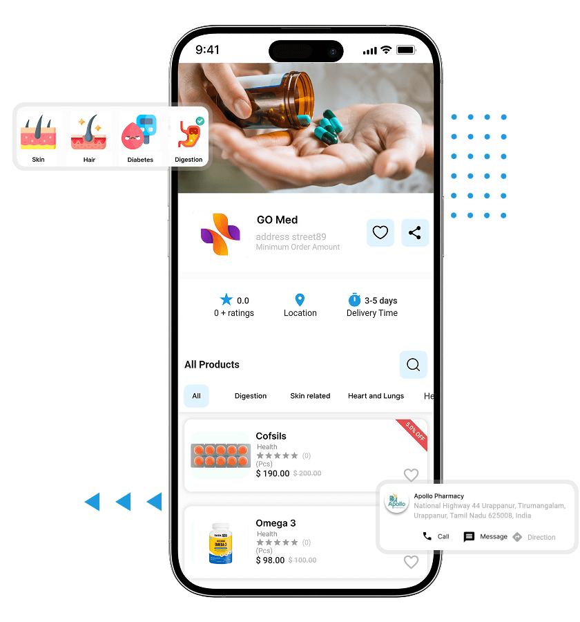 Pharmacy delivery app script medicine categories, store details and available products features
