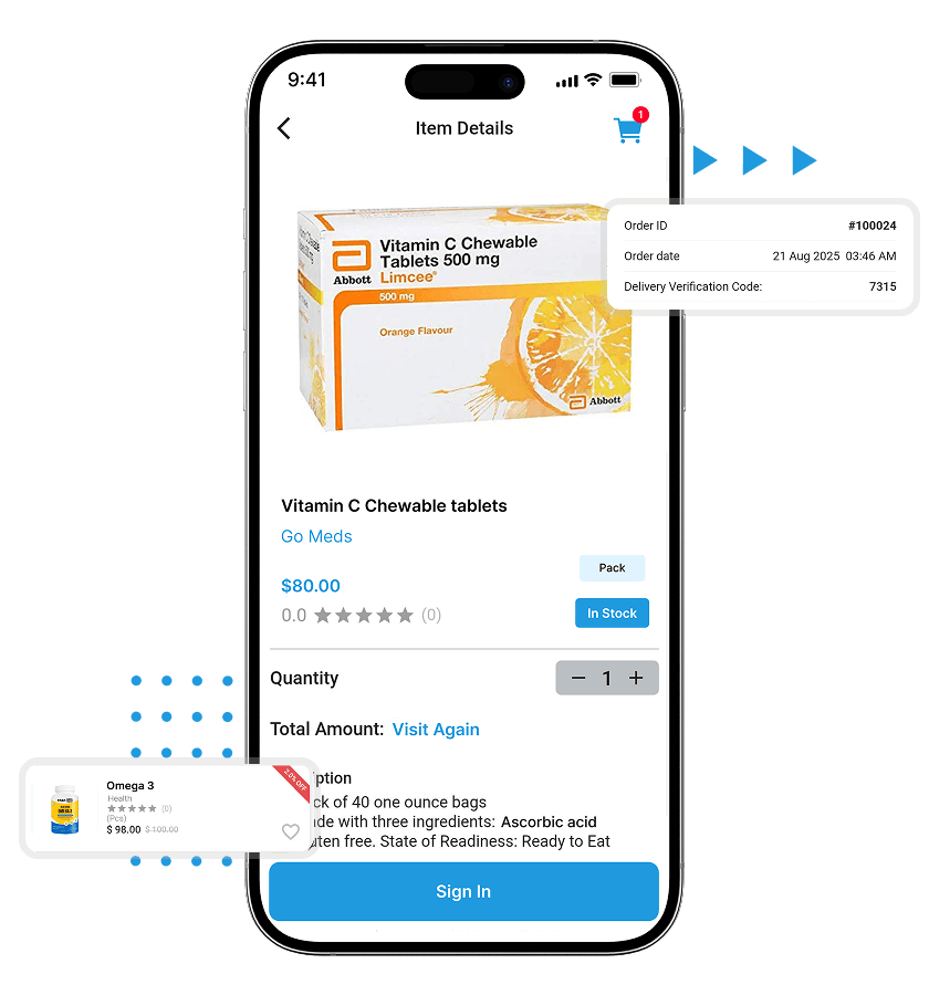 Pharmacy delivery app script medicine overview and details, and order id features