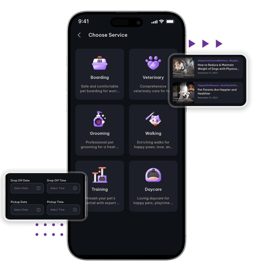 Rover clone choose service type, boarding form, and informational content features