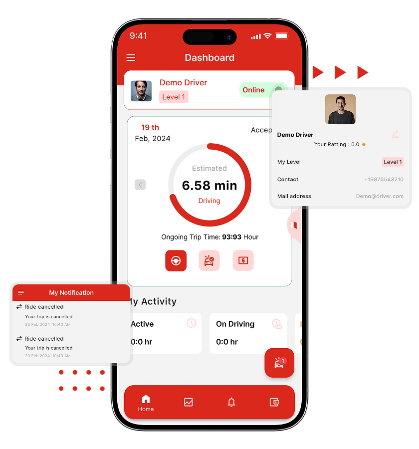 Vertt clone driver profile, dashboard and notifications features