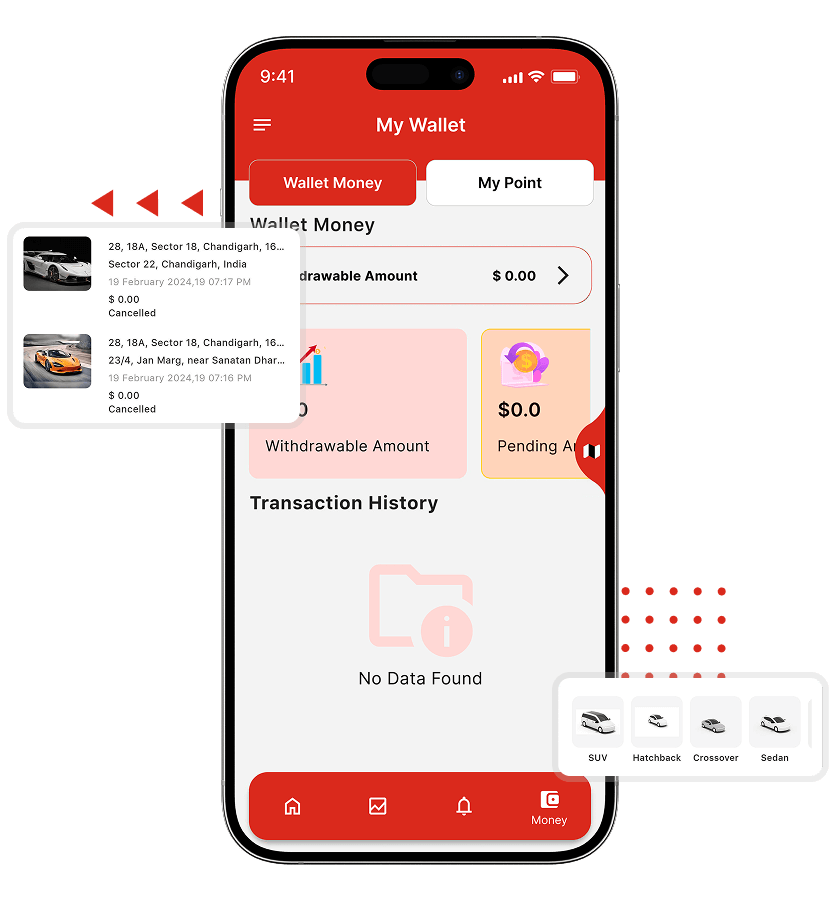 Vertt clone in-app wallet, and past rides overview features