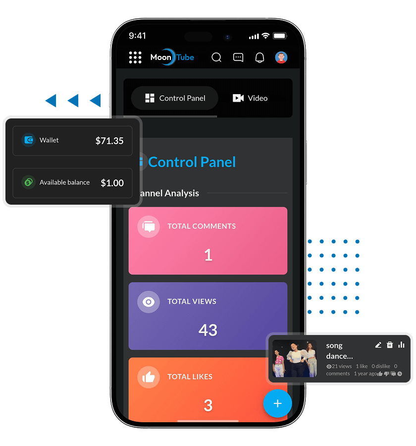 Vimeo clone wallet balance, analytical dashbaord, and video management features
