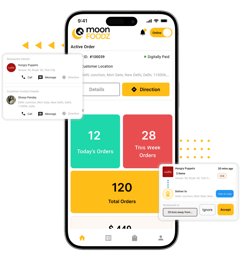 White label food delivery app delivery driver dashboard, order request accept or reject features