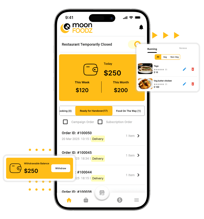 White label food delivery app restaurant earning dashboard and menu management features