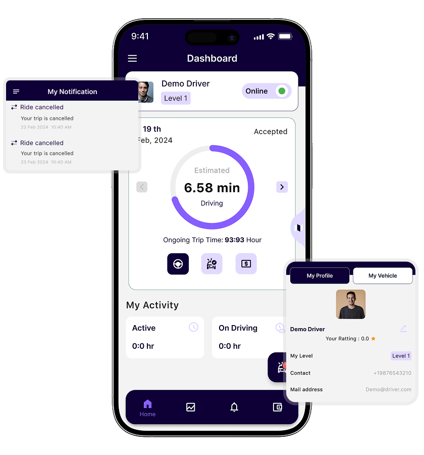 white label taxi app driver dashboard, real time notifications, and detailed driver profile features