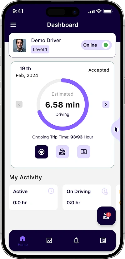 white label taxi app driver dashboard screen
