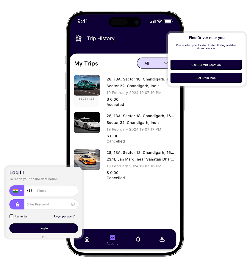 white label taxi app easy login, past trips, and find drivers nearby features
