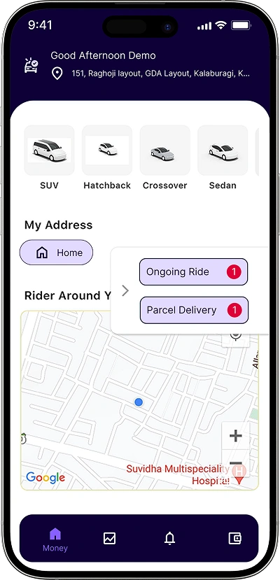 white label taxi app homepage screen