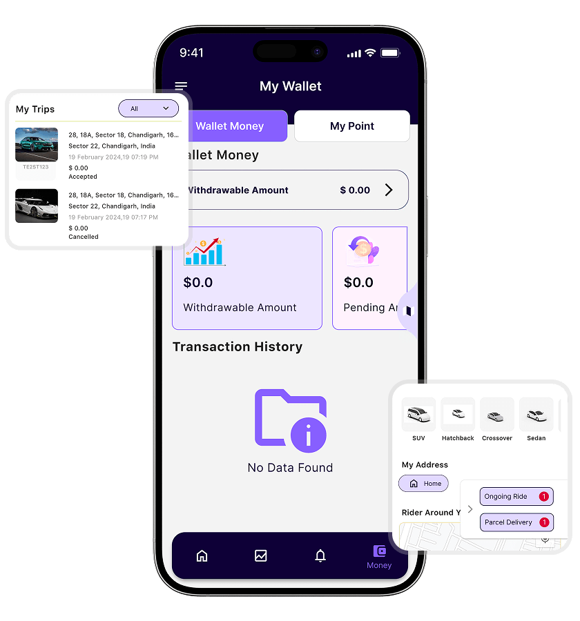 white label taxi app in-app wallet, vehicle type selection, and trip history features