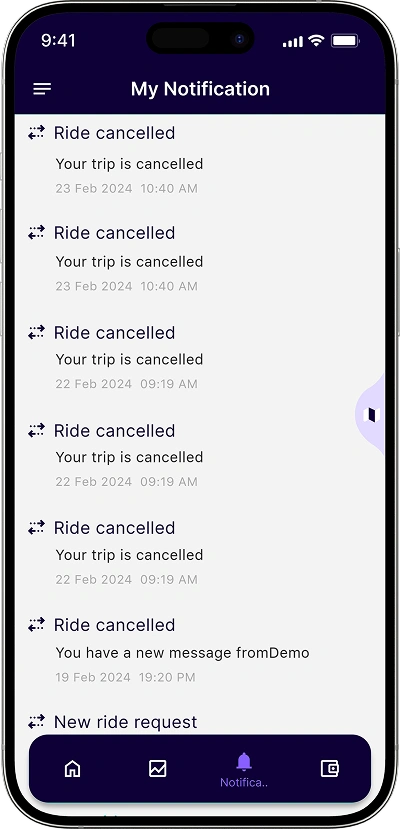 white label taxi app notifications screen