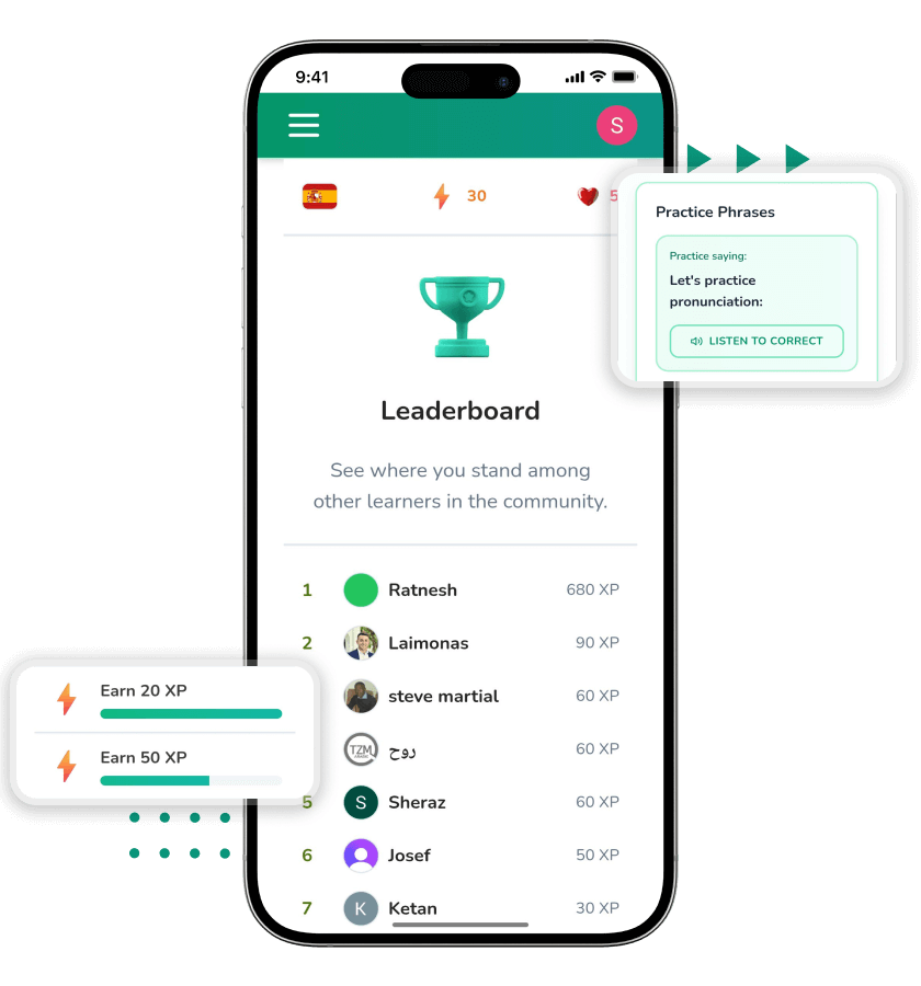 Duolingo clone pronunciation lessons, leaderboards and points earning features