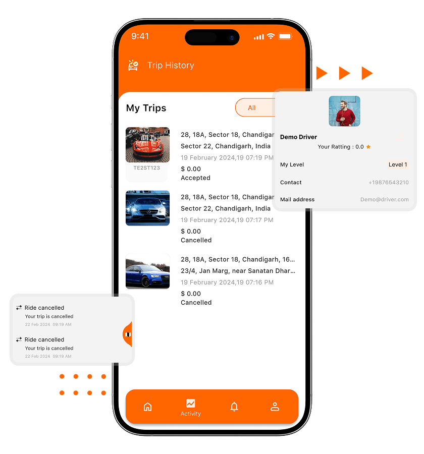 Easy taxi clone driver profile and view past trips features