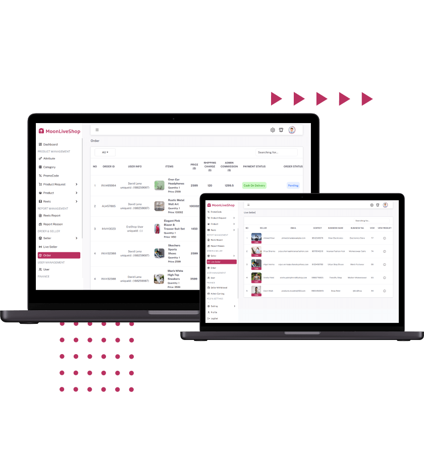 Whatnot clone admin order dashboard and seller dashboard features