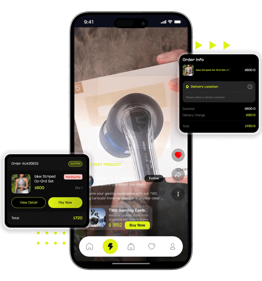 Whatnot clone short videos, and order details features