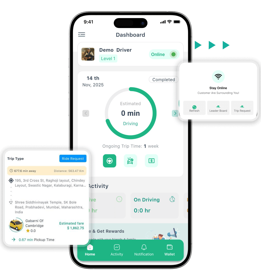 Curb clone driver dashboard with live trip status features
