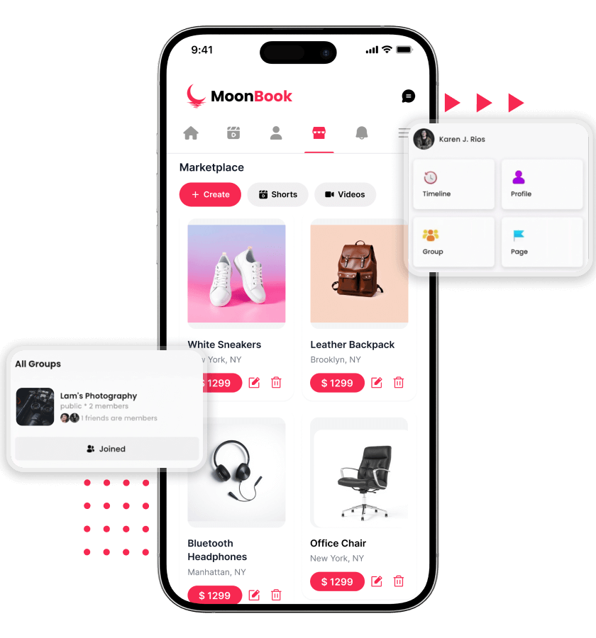 Facebook clone marketplace, groups, and core navigation features