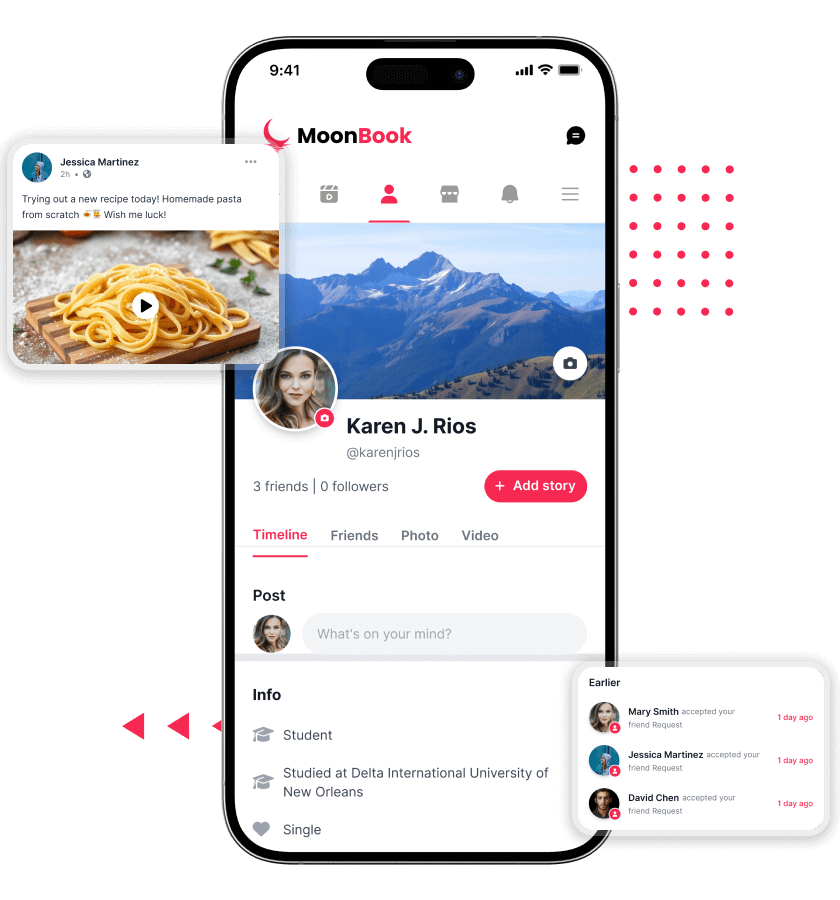 Facebook clone use profile, feed, advanced posting and interaction features