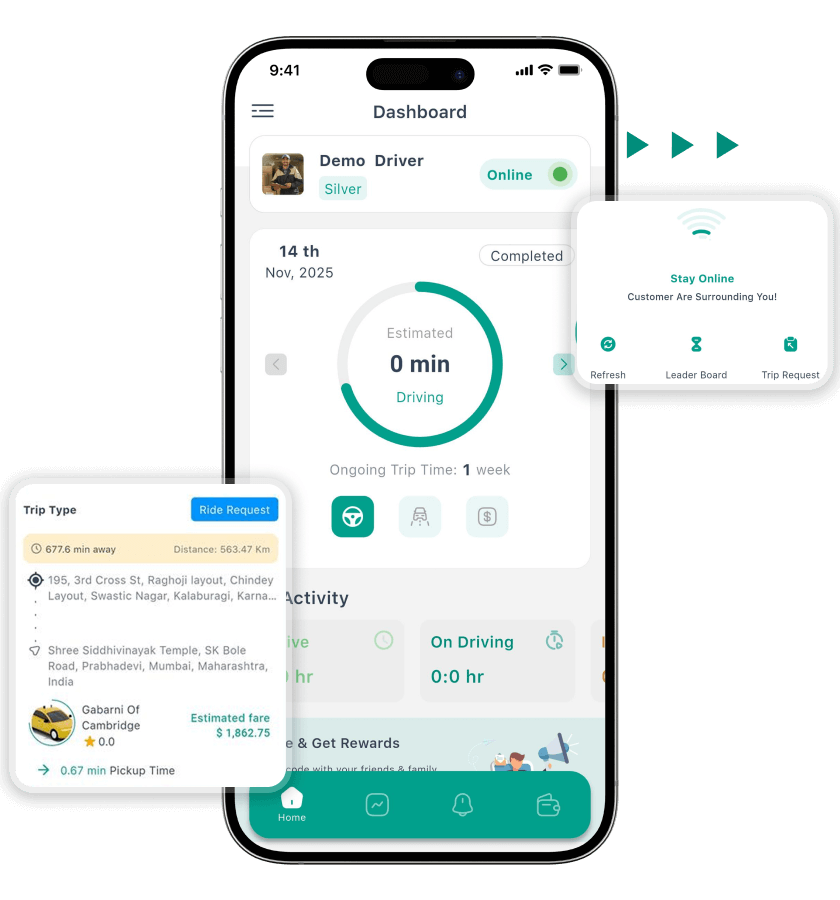 InDriver clone driver dashboard, trip request, and find riders features