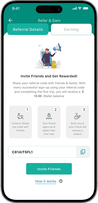 Indriver clone refer and earn screen