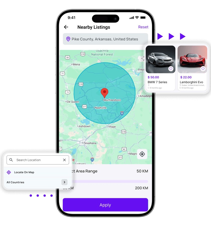 Cars Classified Script nearby listings map and location filter features