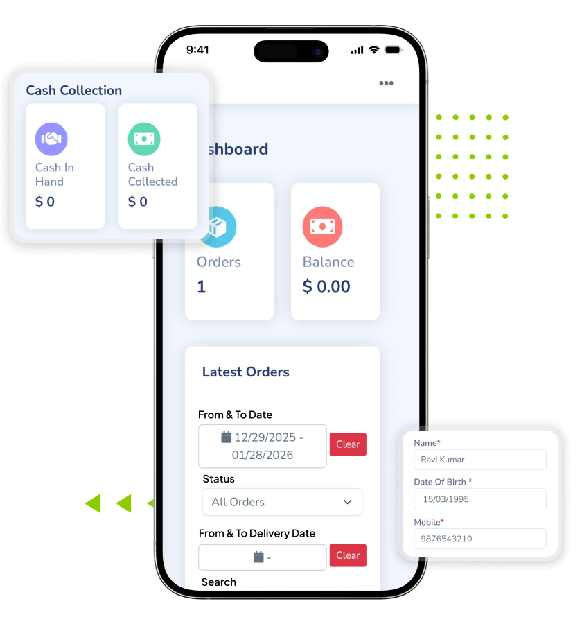 Hyperlocal Delivery Software delivery partner dashboard and cash collection features